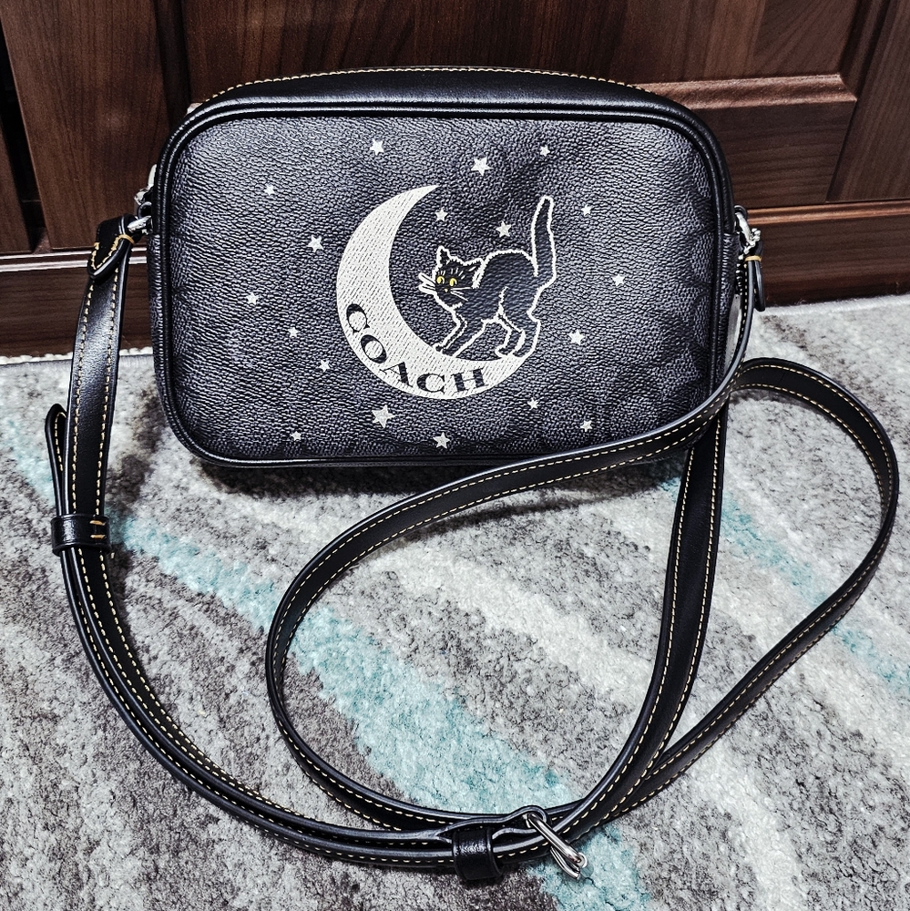 Coach Mini Jamie Crossbody Bag Purse Black Cat Halloween Moon Leather Sig CY349